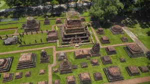 Drone view of an ancient temple complex in Thailand