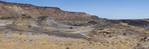 Dry landscape with yellow grass and black volcanic hills