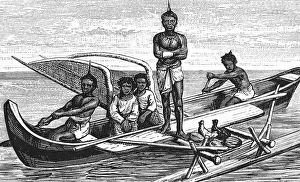 Dugout canoe with boom, building material is a hollowed-out trunk of the breadfruit tree, native men rowing, transport of chickens, climate change, threat from rising sea levels, tropics, Republic of the Mashall Islands in the western Pacific