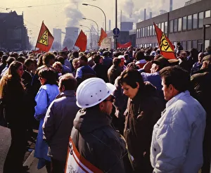 Duisburg. Demonstration by IG Metall on 6 March 1987 at Thyssen-Krupp to secure regular jobs