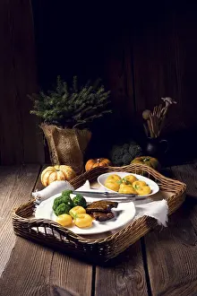 Dumplings with pumpkin puree and grilled ribs