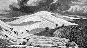 Dune landscape at the Baltic Sea, Curonian Spit and Curonian Lagoon, birds, waves, travel, Lithuania, historical illustration 1885, Europe