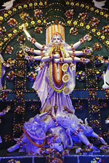 Category Historic EN Prints: Durga clay model killing demon mahishasura on Durga puja