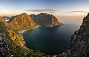 Dusk, view from the summit to Kvalvika beach and sea