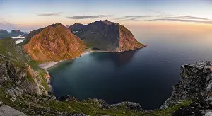 Dusk, view from the summit to Kvalvika beach and sea