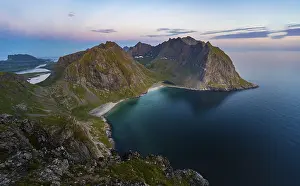 Dusk, view from the summit to Kvalvika beach and sea