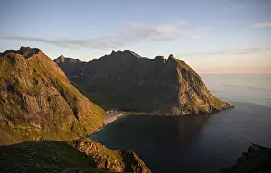 Dusk, view from the summit to Kvalvika beach and sea