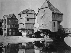 Early autotype of the houses on the old Nahe bridge in Bad Kreuznach