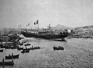 Early autotype of a ship's launch on the Seine river