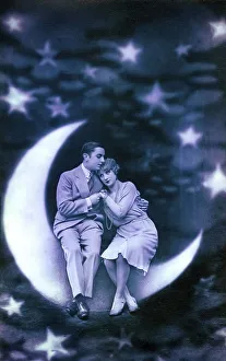 Early Montage, Lovers sitting on the crescent moon
