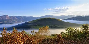 Early morning fog over valleys and mountains