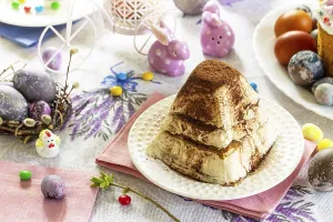 Easter background. Dessert Easter cottage cheese on festive table