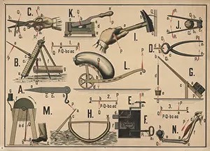 Educational board that illustrates various simple machines and physical principles using everyday tools and scenarios