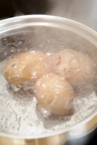 Eggs are cooked in pot