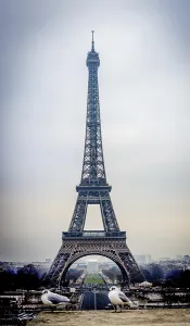 Eiffel Tower looms majestically against a gray sky in Paris