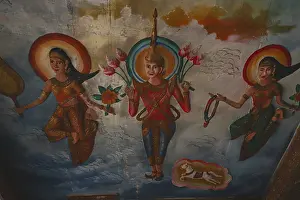 Elaborate wall decoration showing Buddhism Virtues in Sampov Pram Pagoda atop Preah Monivong National Park in Kampot