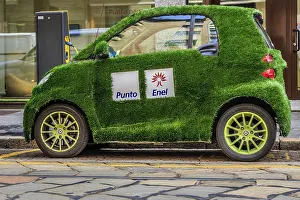 An electric Smart car with grass cover