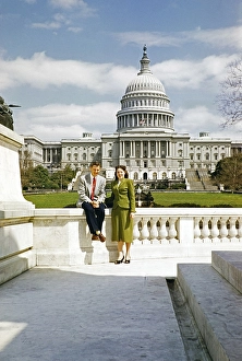 Elegantly dressed man and woman, United States Capitol Building, Washington D.C, USA around 1953
