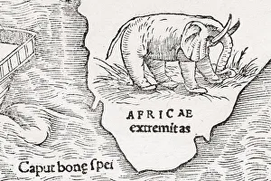 Elephant, detail, earliest printed map of the entire African continent