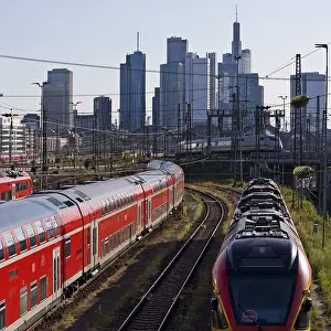 Elevated city view with many trains