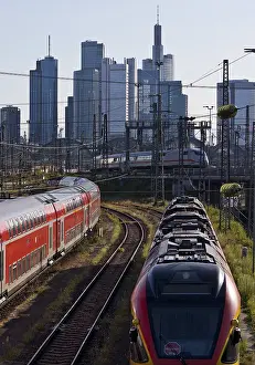 Elevated city view with many trains