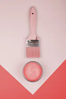 Elevated view paintbrush coral paint geometric paper background
