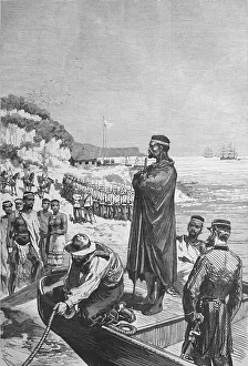 Embarkation of captured Zulu Ketschwaeyo chief at Durnfort for voyage to Cape Town
