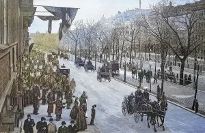 The Emperor leaving in a horse-drawn carriage in the street Unter den Linden in Berlin