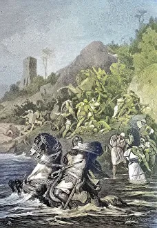 Emperor Otto II swims across the sea to escape on a ship after the defeat at Cotrone