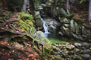 Category Mountain Landscapes Prints: Enchanted place by the waterfall in autumn mountain forest of Karkonosze Mountains