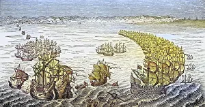 The English fleet under the command of Sir Francis Drake attacking the Spanish Armada in 1588