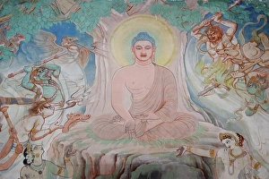 Enlightenment of Buddha under a Sacred Fig or Bo tree while being attacked by Mara devils