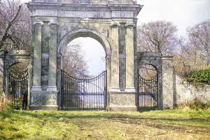 Entrance arch of a stone gate, Appeldurcombe House, Isle of Wight, England, UK 1973