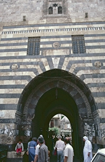 Entrance portal, Khan al-Wazir Historical Trading Centre, Aleppo, Syria, May 1987, vintage, retro, old, historical, Asia
