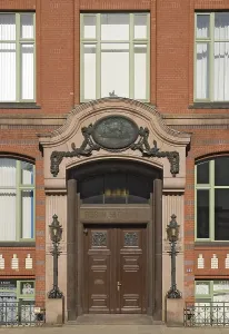 Entrance of Slomannhaus, a traditional office building at Hamburg Harbour
