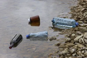 Environmental pollution, Household waste washed up on the lake shore
