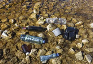 Environmental pollution, Household waste washed up on the lake shore