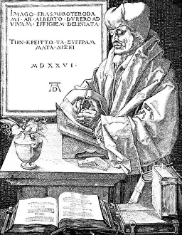 Erasmus of Rotterdam, after A. Duerer 1526, portrait, universal scholar, humanist, European humanism, author, editor of numerous writings, at the writing desk, books, literature, flower vase, writing, historical illustration 1883
