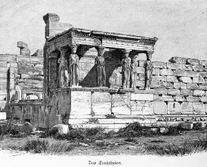 Erechtheion, statues, stone wall