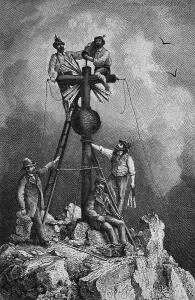 Erection of the summit cross of Mt Zugspitze by member of the German-Austrian Alpine Club