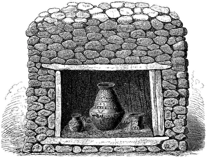 Etruscan tomb on the Villanova estate near Bolgna, archaeological excavations discovered about 200 graves, cavity with the decorated ash jar (ossuarium) as an urn, two small jars, protection by wooden beams, history of mankind, Italy