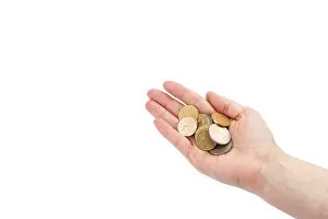 Euro coins in woman's hand<br> Euro coins in woman's hand