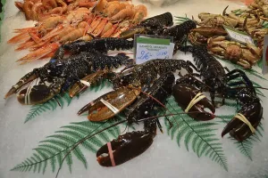 European lobsters at a fish stall in the market hall