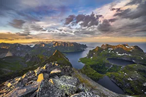Evening atmosphere, mountain landscape with Reinefjord and lake
