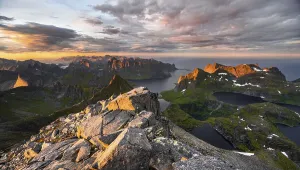 Evening atmosphere, mountain landscape with Reinefjord and lake