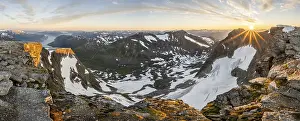 Evening atmosphere, sun shining over mountains in Jostedalsbreen National Park