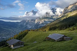 Evening mood, mountain huts, alpine pasture