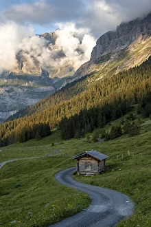 Category Mountain Landscapes Prints: Evening mood, path leads to mountain hut