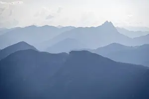 Evening mood, silhouettes, dramatic mountain landscape