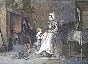 Evening Prayer, Girl prays with her mother in the evening in front of going to bed
